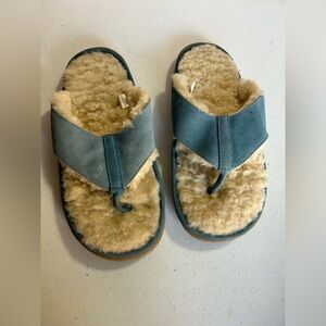 L L BEAN SHEEPSKIN Sherpa Lined Blue Suede Leather Thong Flip Sandals Womens 10M